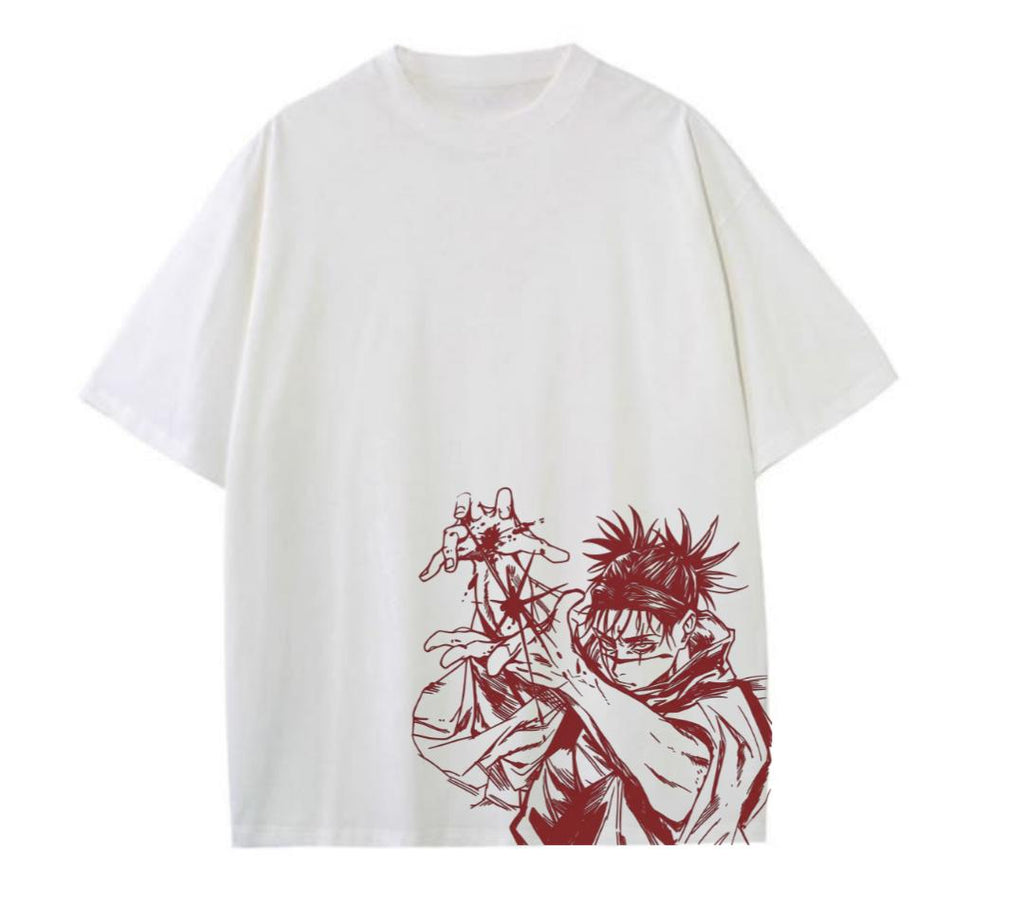 White t-shirt with red graphic design on a white background