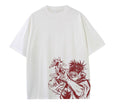 White t-shirt with red graphic design on a white background