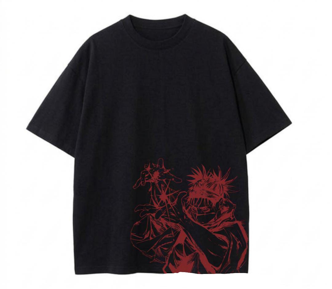Black t-shirt with red graphic design on a white background